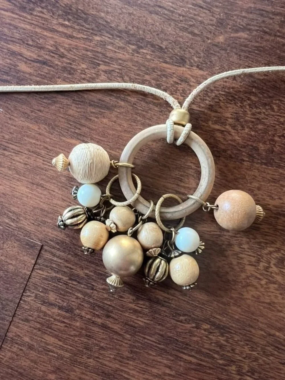 Vintage Boho Wood Bead Necklace Long Cord Gold Tone Charm Cluster Pendant